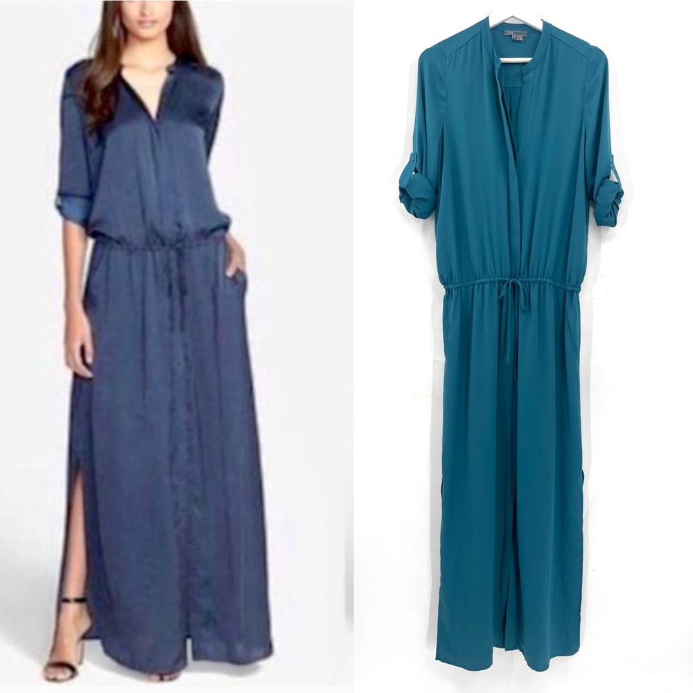 Vince Satin Maxi Shirt Dress Teal Green Size Small